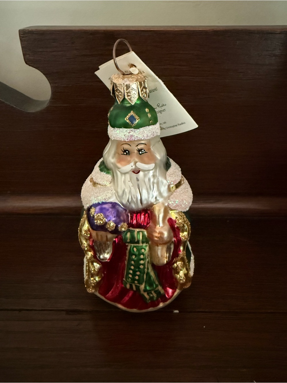 Christopher Radko Hand-Painted Santa Ornament in Green, Red, Purple and Gold